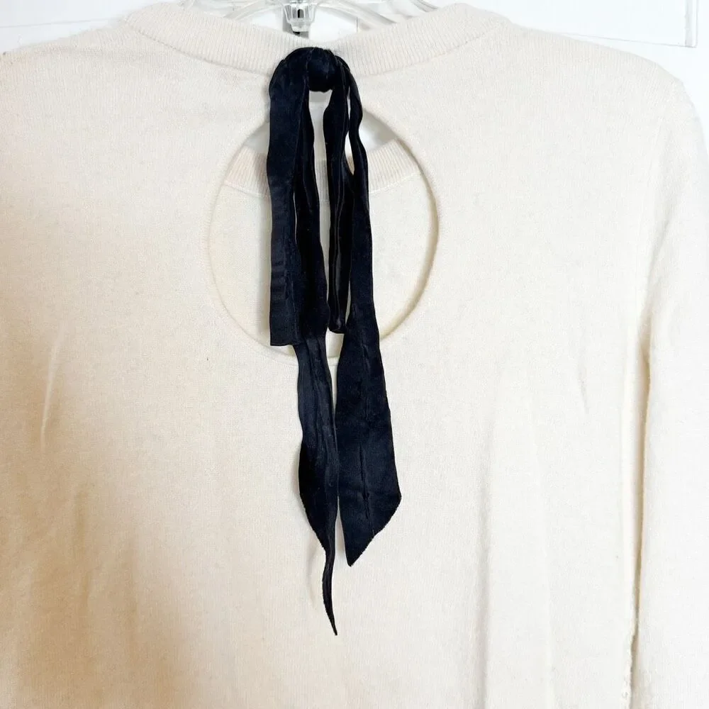 Kate Spade New York Ivory Sequin Front Sweater Keyhole Back Black Satin Bow Sz S